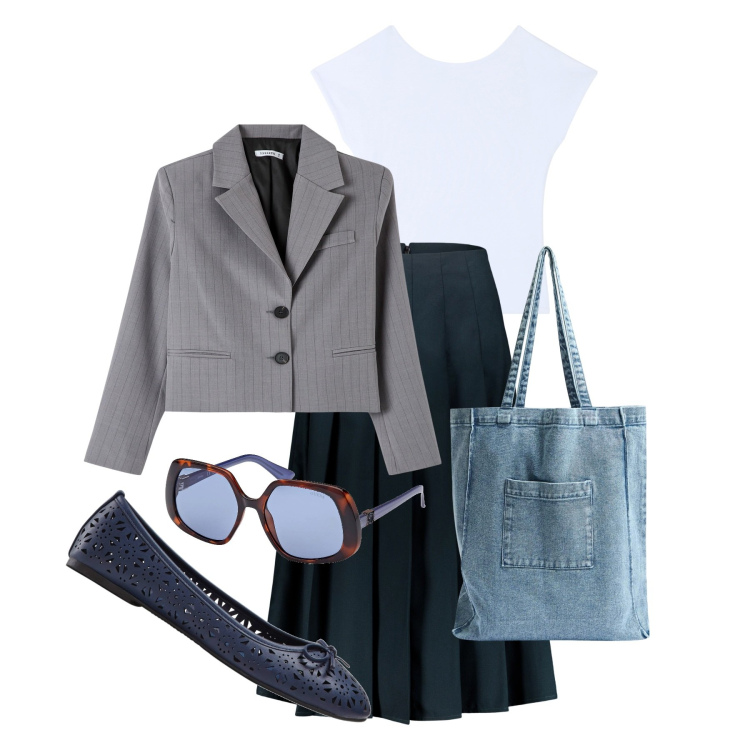 Outfit donna - Ghost outfitter - aprile. Stile Bon Ton per Tutti i giorni. Abbinamento con ballerine, t-shirt, blazer, shopping bag, gonne longuette, occhiali da sole.