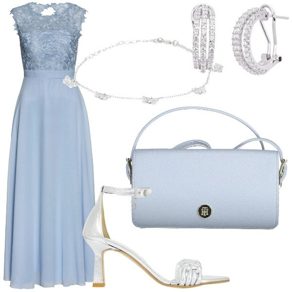 Outfit donna - Color mania: azzurro polvere. Stile Chic per Cerimonia. Abbinamento con vestiti lunghi, braccialetti, orecchini, décolleté, borse a spalla.