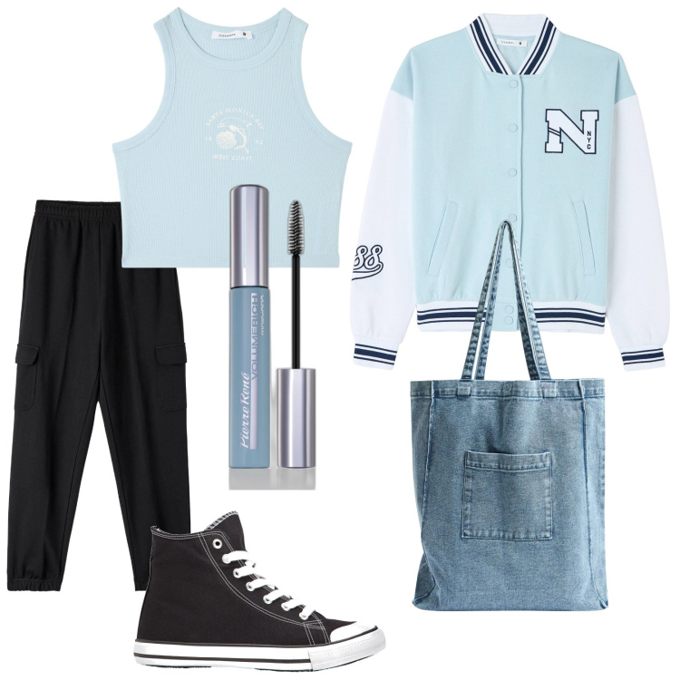 Outfit donna - Primavera all\' Uni. Stile Trendy per Scuola/Università. Abbinamento con sneakers alte, mascara, bomber, pantaloni, canottiere, shopping bag.