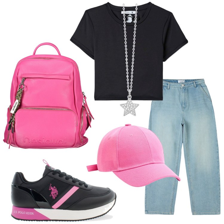 Outfit donna - Young. Stile Urban per Tutti i giorni. Abbinamento con jeans, t-shirt, cappelli, collane, zaini, scarpe sportive.