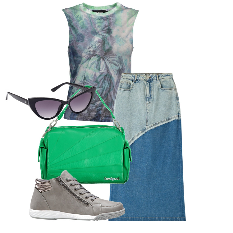 Outfit donna - Ghost outfitter - aprile. Stile Urban per Tutti i giorni. Abbinamento con sneakers alte, gonne lunghe, canottiere, borse a spalla, occhiali da sole.