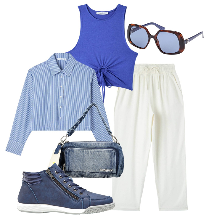 Outfit donna - Ghost outfitter - aprile. Stile Basic per Tutti i giorni. Abbinamento con sneakers alte, pantaloni, top, camicie, occhiali da sole, borse a spalla.