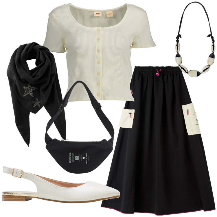 Outfit donna - Gonna ampia midi. Stile Casual per Tutti i giorni. Abbinamento con foulard, ballerine, marsupi, gonne lunghe, t-shirt, collane.