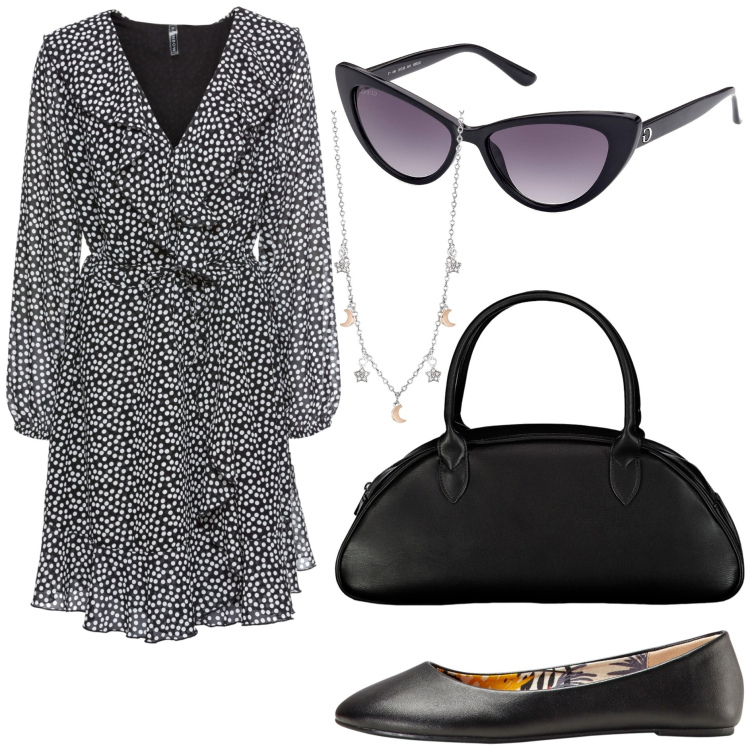 Outfit donna - Bon ton pois. Stile Bon Ton per Tutti i giorni. Abbinamento con ballerine, vestiti, collane, occhiali da sole, borse a spalla.