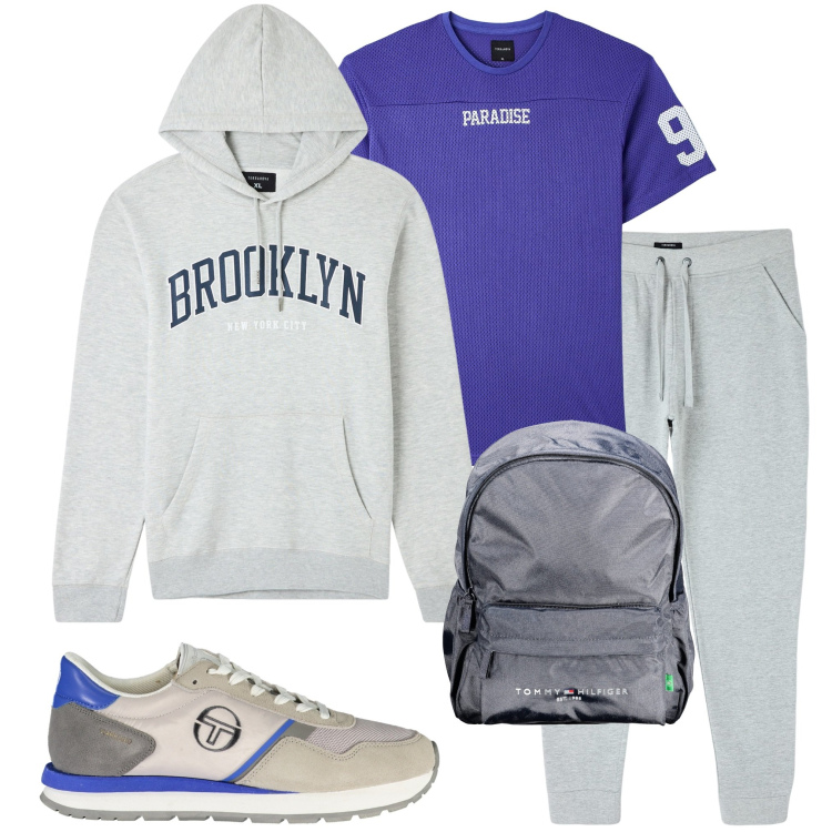 Outfit uomo - Capi sportivi. Stile Casual per Sport. Abbinamento con t-shirt sportive, felpe sportive, pantaloni sportivi, borse sportive, scarpe sportive.