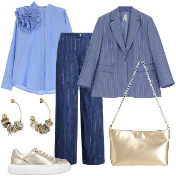 Outfit donna - Outfit azzurro polvere & Co.. Stile Casual chic per Serata fuori. Abbinamento con borse a mano, sneakers, blazer, camicie, pantaloni, orecchini.