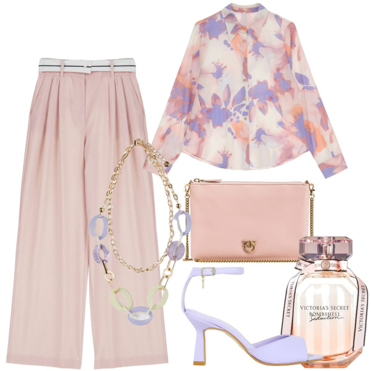 Outfit donna - Colori pastello. Stile Chic per Cerimonia. Abbinamento con profumi, décolleté, camicie, pantaloni a palazzo, borse a tracolla, ciondoli.