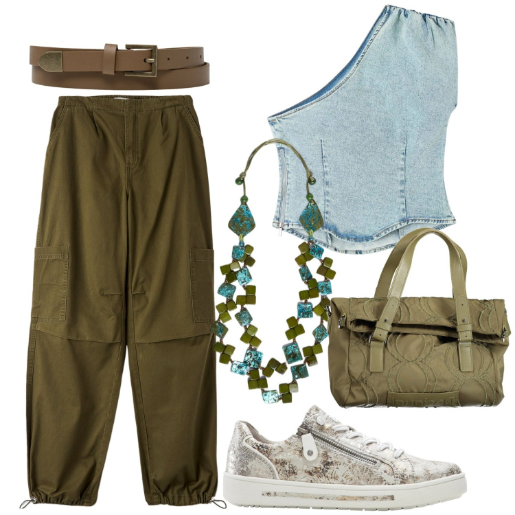 Outfit donna - Verde militare. Stile Casual per Tutti i giorni. Abbinamento con sneakers, pantaloni cargo, top, cinture, collane, borse a spalla.