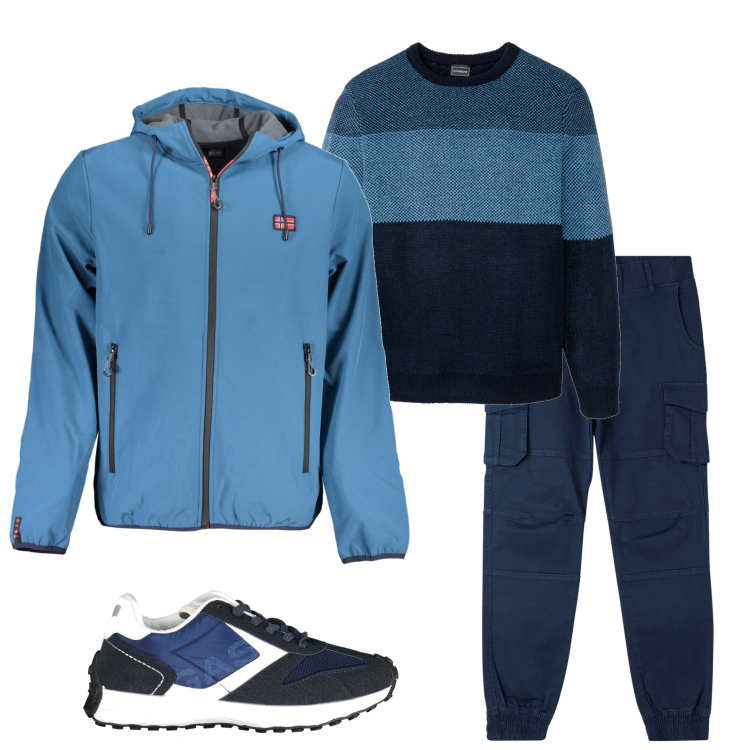 Outfit uomo - Sfumature di blu. Stile Casual per Tutti i giorni. Abbinamento con maglieria, pantaloni cargo, scarpe sportive, giacche sportive.