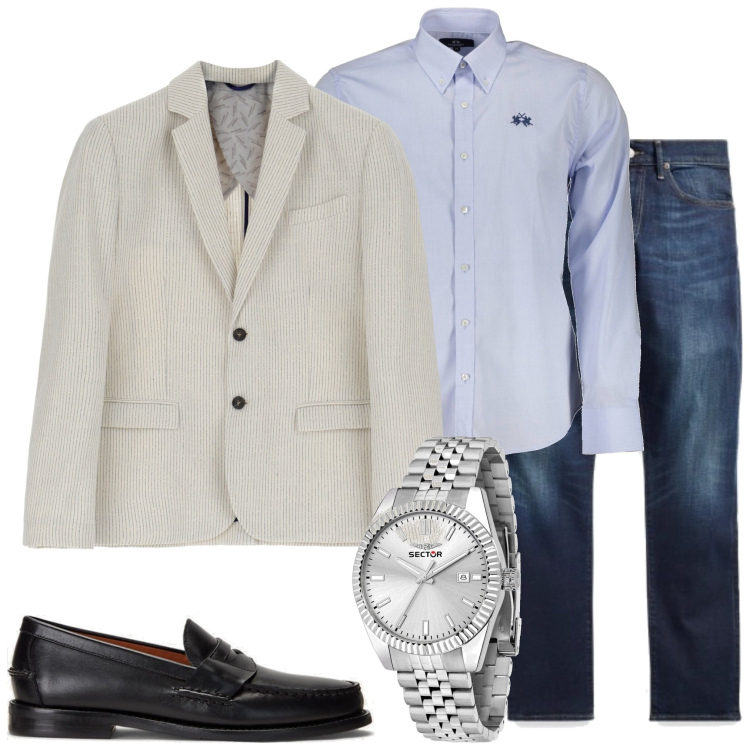 Outfit uomo - In ufficio. Stile Business/Elegante per Ufficio. Abbinamento con orologi, giacche, jeans, scarpe stringate, camicie.
