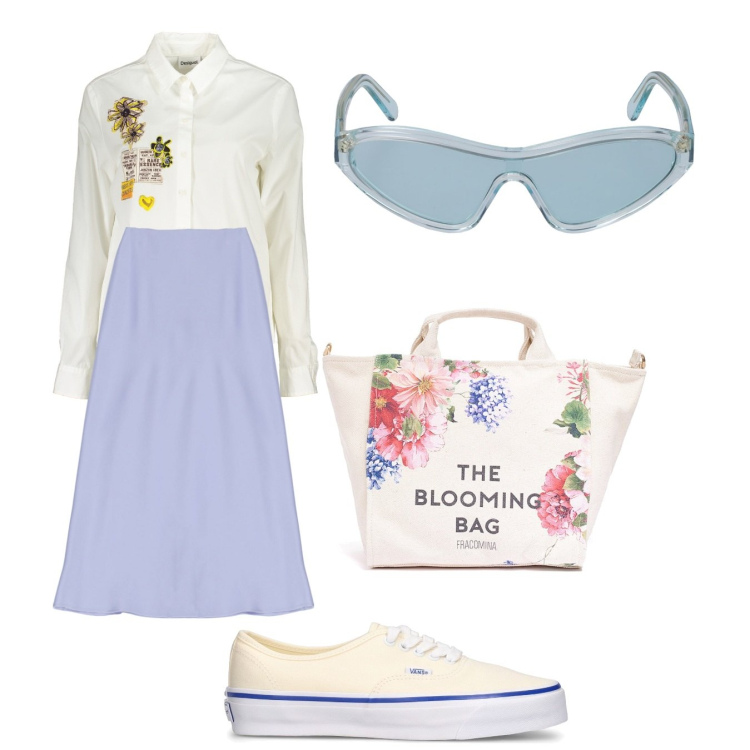 Outfit donna - Floreale. Stile Bon Ton per Tutti i giorni. Abbinamento con gonne longuette, borse tote, camicie, occhiali da sole, sneakers.