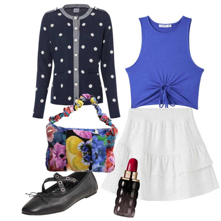 Outfit donna - Borsa a fiori. Stile Preppy per Tutti i giorni. Abbinamento con cardigans, profumi, ballerine, minigonne, top, borse a spalla.
