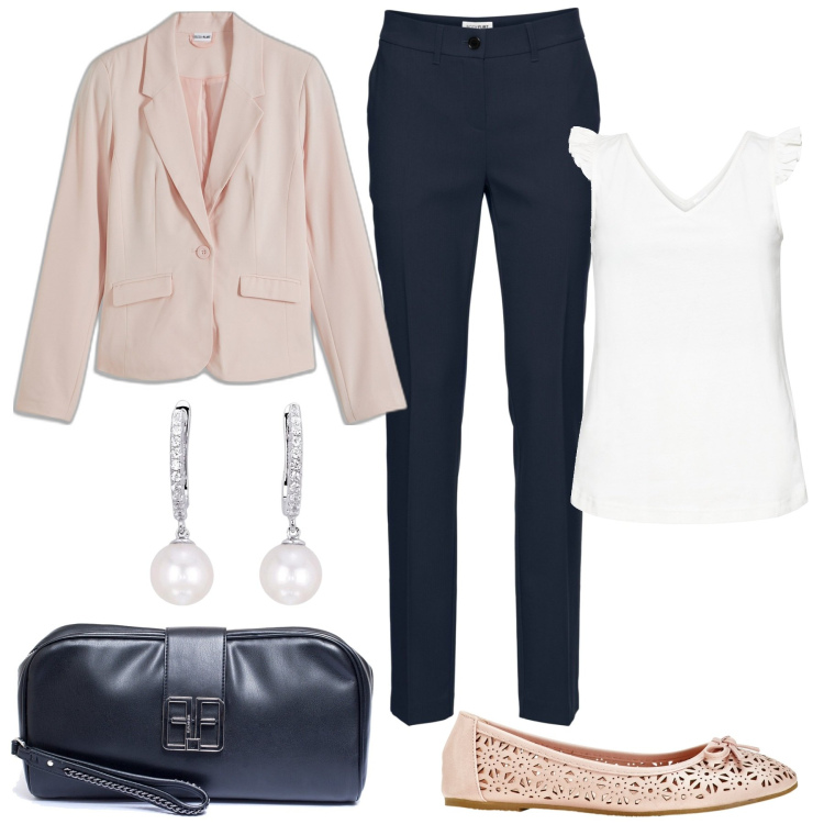 Outfit donna - Cerimonia minimal. Stile Minimal per Cerimonia. Abbinamento con pantaloni, top, ballerine, blazer, orecchini, pochette.