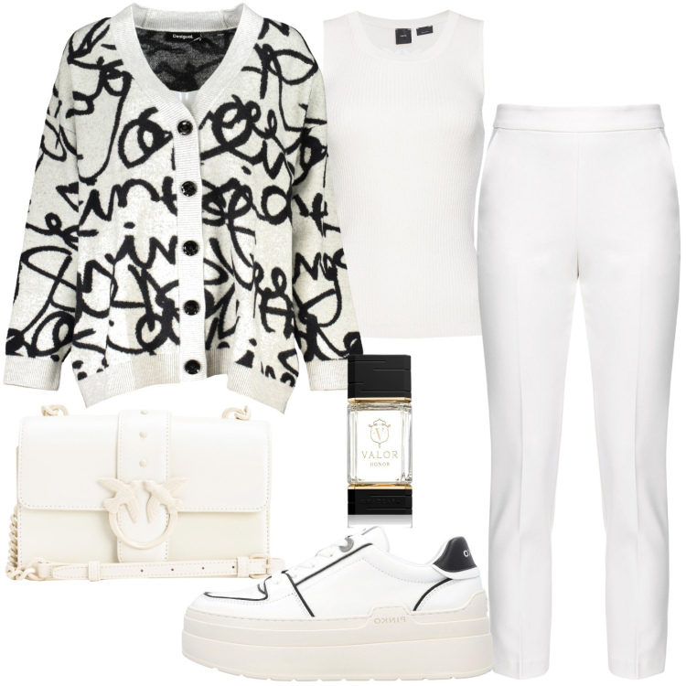 Outfit donna - Fragranza aromatica indimenticabile. Stile Casual per Tutti i giorni. Abbinamento con profumi, pantaloni, sneakers, borse a tracolla, top, cardigans.