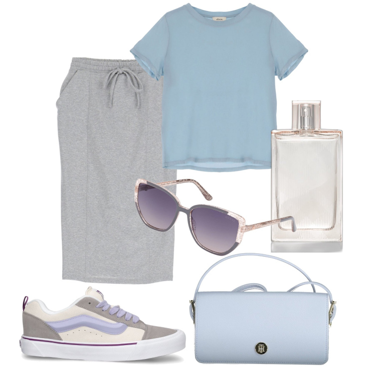 Outfit donna - Passeggiata spensierata. Stile Trendy per Tutti i giorni. Abbinamento con profumi, t-shirt, gonne longuette, borse a spalla, occhiali da sole, sneakers.