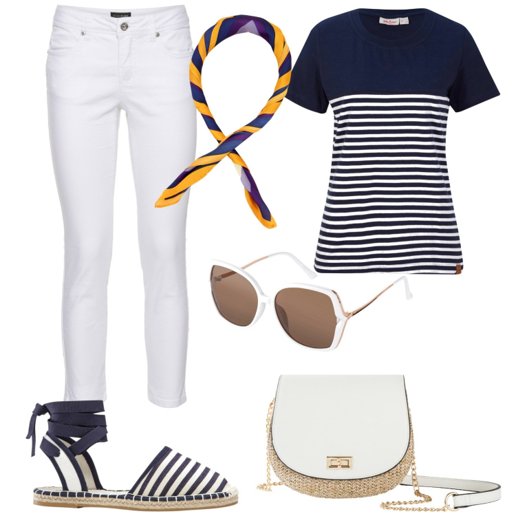 Outfit donna - Righine. Stile Casual chic per Tutti i giorni. Abbinamento con t-shirt, pantaloni, espadrillas, borse a tracolla, occhiali da sole, foulard.
