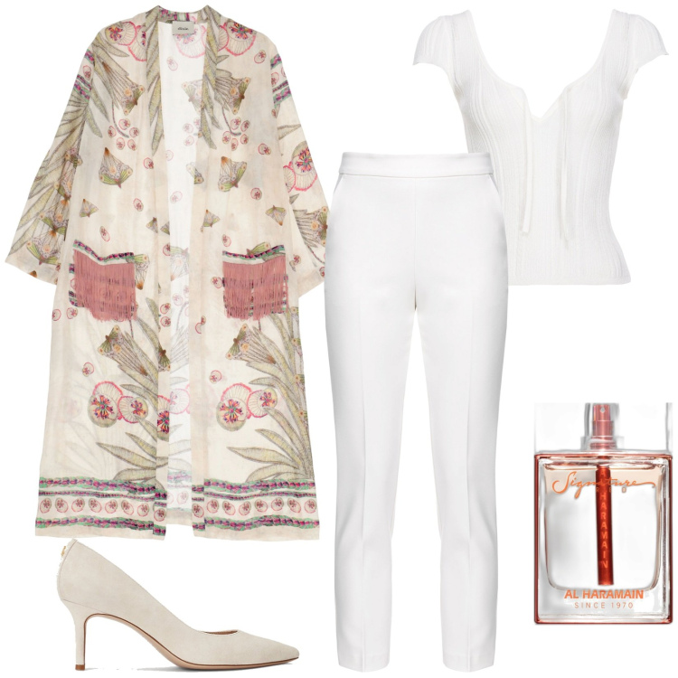 Outfit donna - fragranza fruttata. Stile Urban per Tutti i giorni. Abbinamento con profumi, top, pantaloni, trench, décolleté.