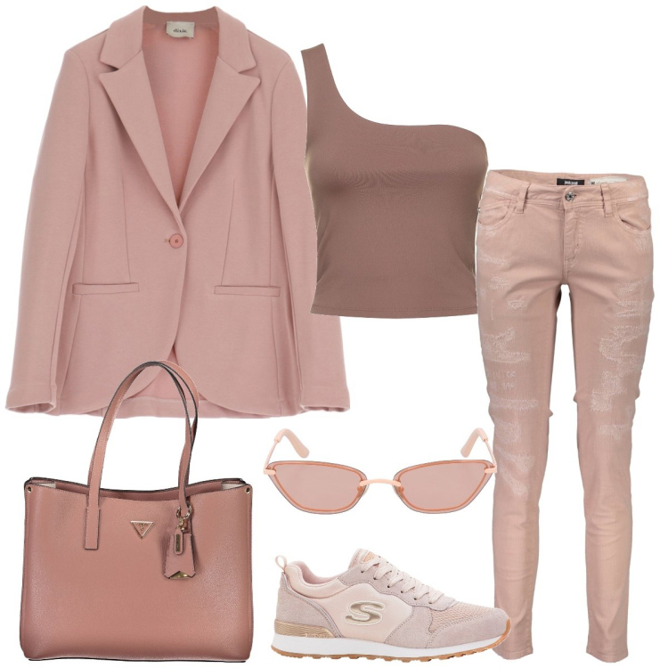 Outfit donna - Toni rosa. Stile Casual chic per Tutti i giorni. Abbinamento con sneakers, blazer, canottiere, borse a spalla, pantaloni, occhiali da sole.