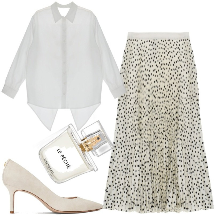 Outfit donna - gonna midi a ruota. Stile Chic per Tutti i giorni. Abbinamento con profumi, gonne longuette, camicie, décolleté.