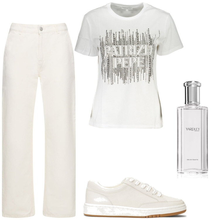 Outfit donna - Bianco panna. Stile Basic per Tutti i giorni. Abbinamento con profumi, sneakers, jeans dritti, t-shirt.