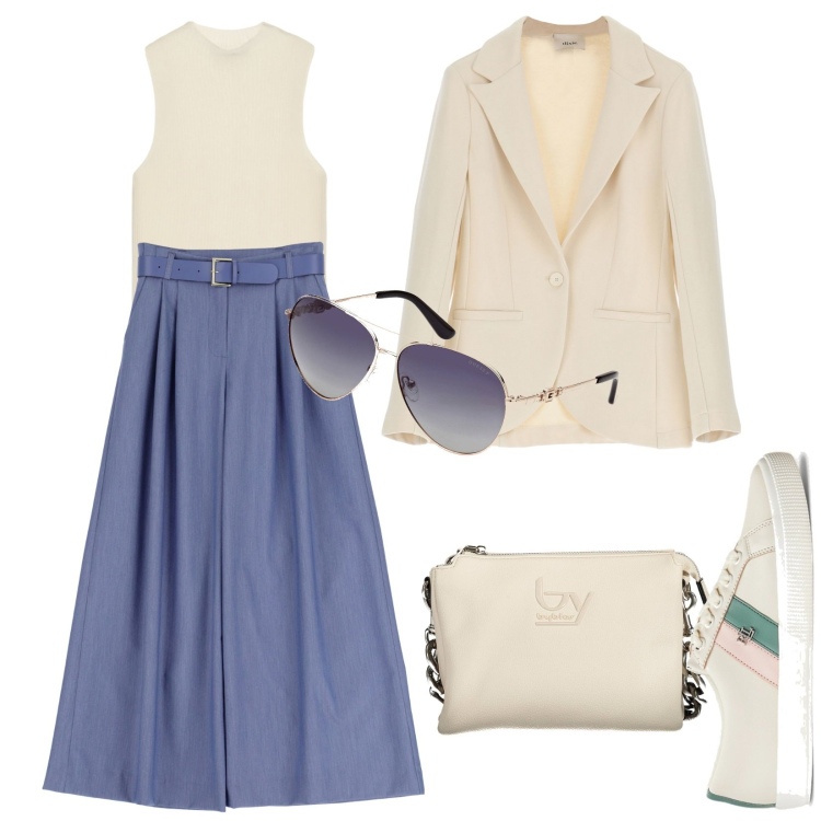 Outfit donna - Azzurro polvere e beige. Stile Casual chic per Ufficio. Abbinamento con top, pantaloni a palazzo, blazer, sneakers, borse a spalla, occhiali da sole.