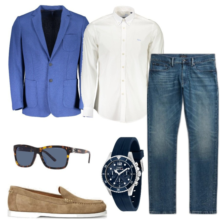 Outfit uomo - Look per un uomo elegantemente sportivo. Stile Casual per Tutti i giorni. Abbinamento con orologi, scarpe stringate, jeans, occhiali da sole, giacche, camicie.