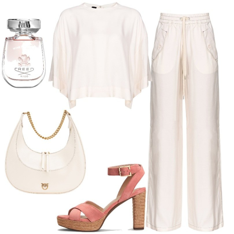 Outfit donna - Toni chiari. Stile Casual per Tutti i giorni. Abbinamento con profumi, pantaloni, bluse, borse a spalla, sandali col tacco.