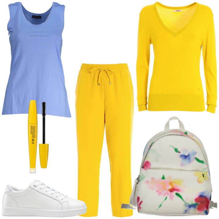 Outfit donna - Gialla e Azzurro. Stile Basic per Tutti i giorni. Abbinamento con sneakers, mascara, maglieria, pantaloni, zaini, canottiere.