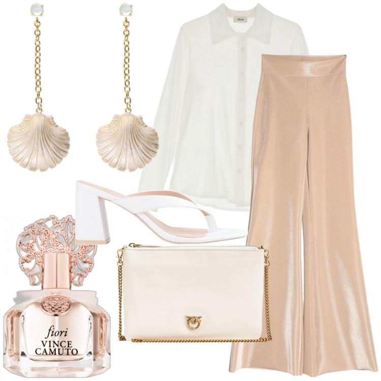 Outfit donna - Rosa cipria. Stile Chic per Serata fuori. Abbinamento con pantaloni, infradito, profumi, borse a tracolla, camicie, orecchini.