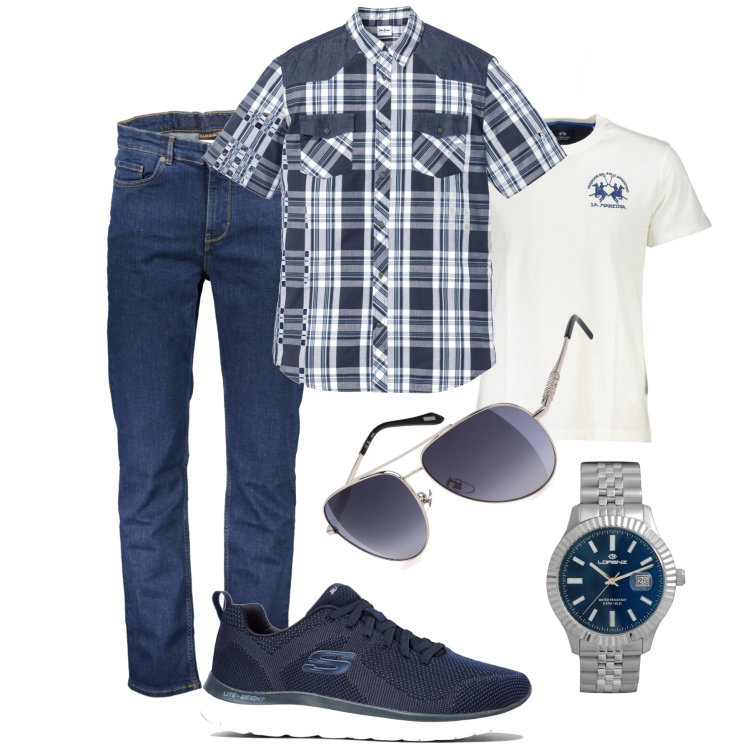 Outfit uomo - La camicia con inserti denim. Stile Trendy per Tutti i giorni. Abbinamento con camicie a manica corta, sneakers, orologi, t-shirt, jeans, occhiali da sole.