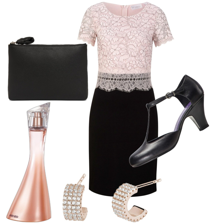 Outfit donna - La mamma dello sposo. Stile Chic per Cerimonia. Abbinamento con vestiti, décolleté, profumi, orecchini, pochette.