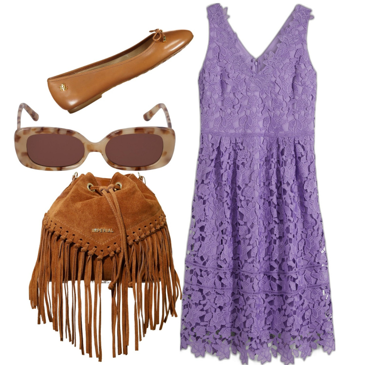Outfit donna - Pizzo e frange. Stile Boho per Tutti i giorni. Abbinamento con vestiti, borse a secchiello, occhiali da sole, ballerine.