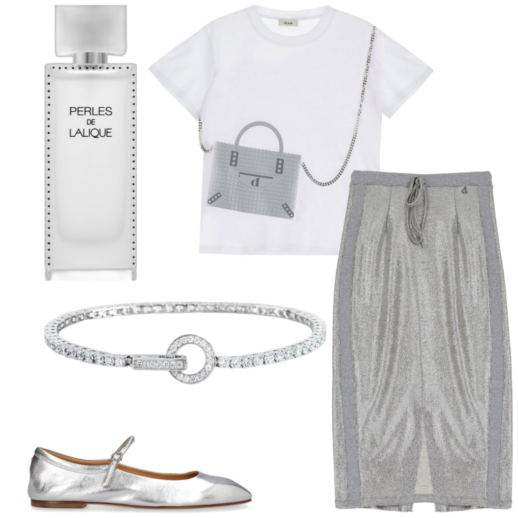 Outfit donna - T-shirt con borsa. Stile Casual chic per Tutti i giorni. Abbinamento con profumi, braccialetti, gonne longuette, t-shirt, ballerine.