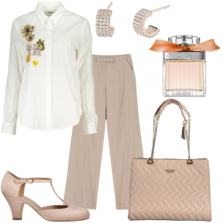 Outfit donna - Pantalone camicia chic. Stile Casual chic per Tutti i giorni. Abbinamento con décolleté, profumi, orecchini, pantaloni, borse a spalla, camicie.