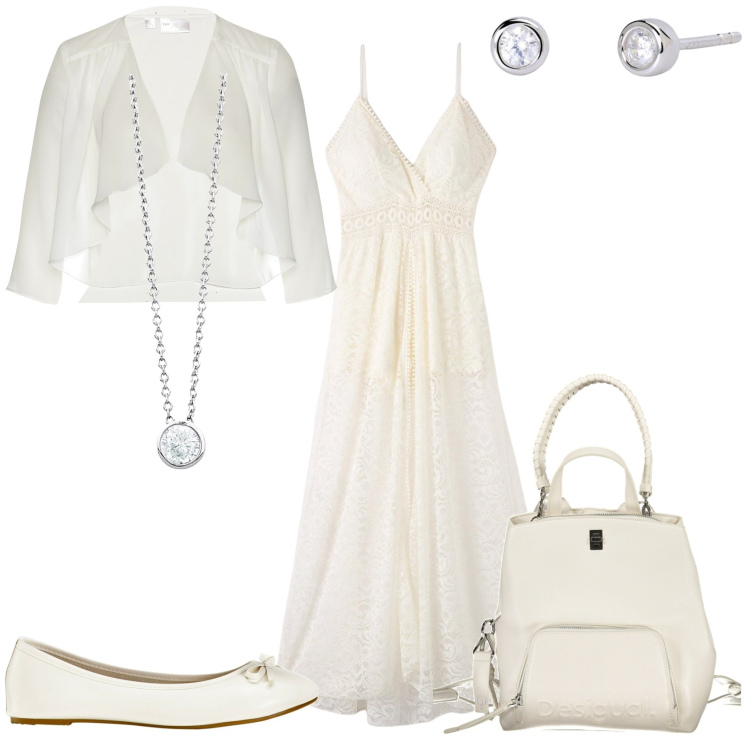 Outfit donna - Bianco estivo. Stile Trendy per Tutti i giorni. Abbinamento con ballerine, blazer, vestiti lunghi, collane, orecchini, zaini.