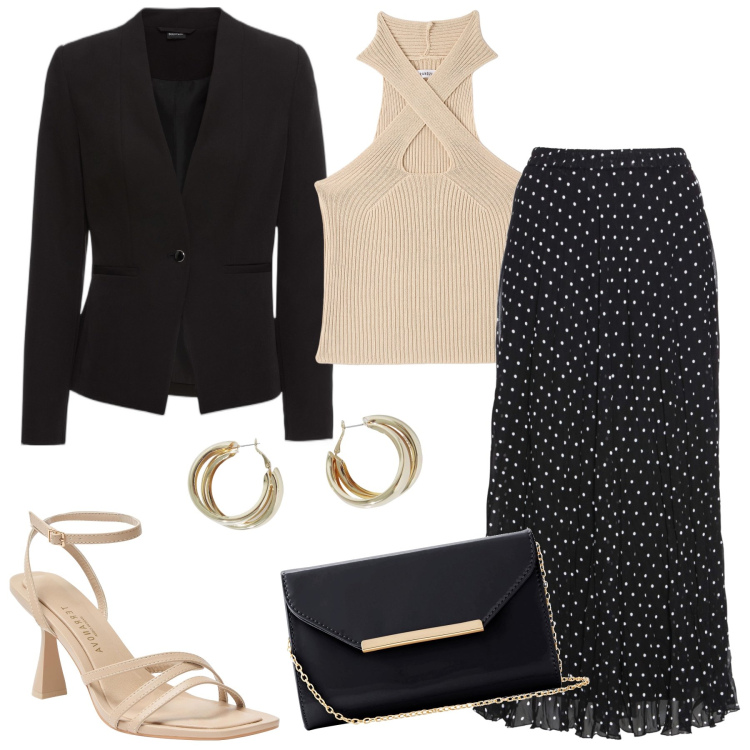 Outfit donna - Nero e beige. Stile Bon Ton per Cerimonia. Abbinamento con blazer, gonne, pochette, sandali col tacco, top, orecchini.