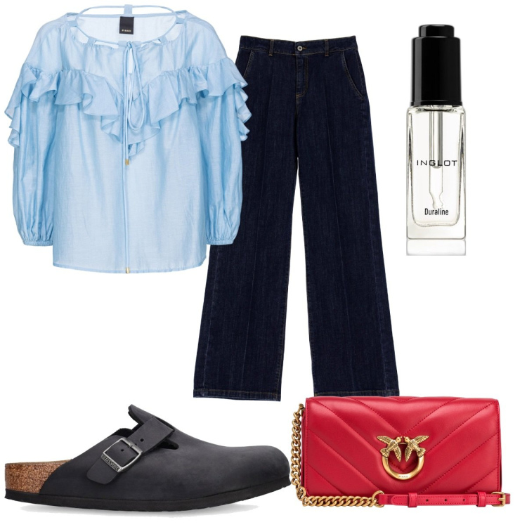 Outfit donna - Total look #1862687. Stile Trendy per Tutti i giorni. Abbinamento con primer, borse a tracolla, bluse, jeans dritti, sandali in pelle.