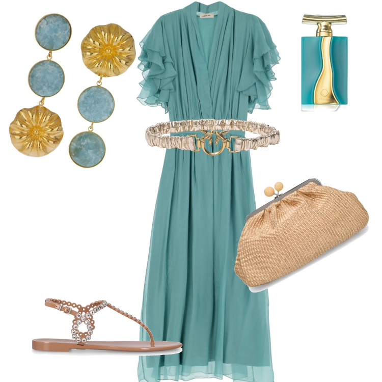 Outfit donna - Cerimonia al mare. Stile Chic per Cerimonia. Abbinamento con profumi, cinture, vestiti lunghi, orecchini, pochette, sandali.