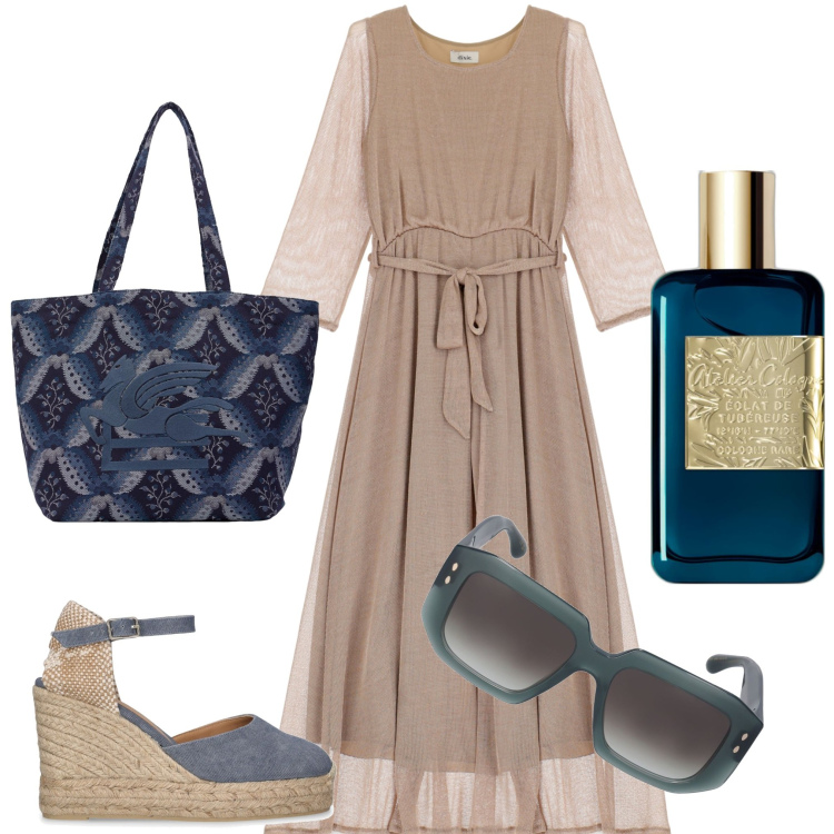 Outfit donna - In città. Stile Romantica per Tutti i giorni. Abbinamento con profumi, vestiti lunghi, shopping bag, espadrillas, occhiali da sole.