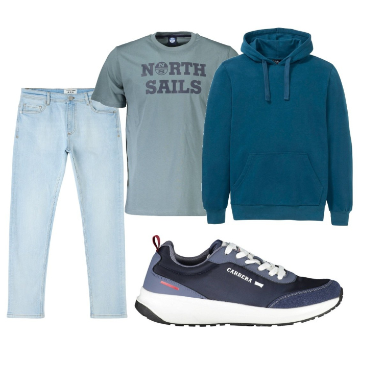 Outfit uomo - Total look #1862698. Stile Casual per Tutti i giorni. Abbinamento con felpe con cappuccio, jeans skinny, t-shirt, scarpe sportive.