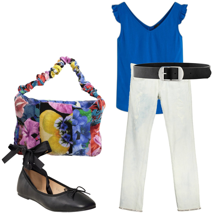Outfit donna - La borsa multicolore. Stile Romantica per Tutti i giorni. Abbinamento con top, cinture, ballerine, jeans, borse a spalla.