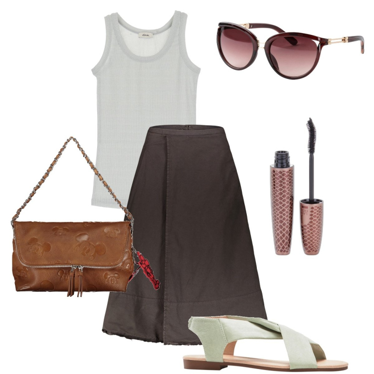 Outfit donna - Basic con stile. Stile Basic per Tutti i giorni. Abbinamento con occhiali da sole, sandali, mascara, top, gonne lunghe, borse a spalla.