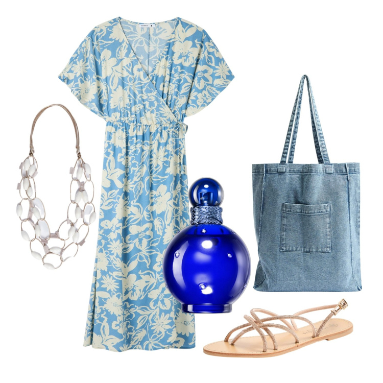 Outfit donna - L\'abito comodo. Stile Casual per Tutti i giorni. Abbinamento con profumi, vestiti lunghi, sandali, shopping bag, collane.