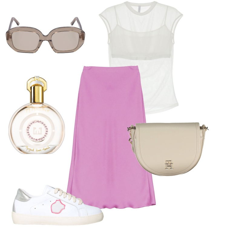 Outfit donna - La t-shirt con il top. Stile Casual chic per Tutti i giorni. Abbinamento con profumi, canottiere, sneakers, gonne longuette, borse a tracolla, occhiali da sole.