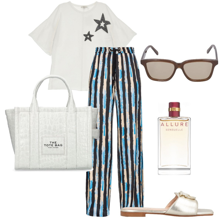 Outfit donna - Righe e stelline. Stile Casual chic per Tutti i giorni. Abbinamento con profumi, pantaloni, ciabatte, t-shirt, shopping bag, occhiali da sole.