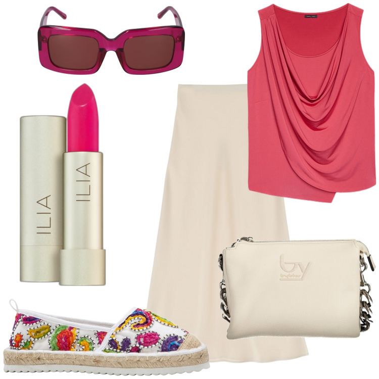 Outfit donna - Un tocco di colore. Stile Casual chic per Tutti i giorni. Abbinamento con espadrillas, rossetti, gonne longuette, top, borse a spalla, occhiali da sole.