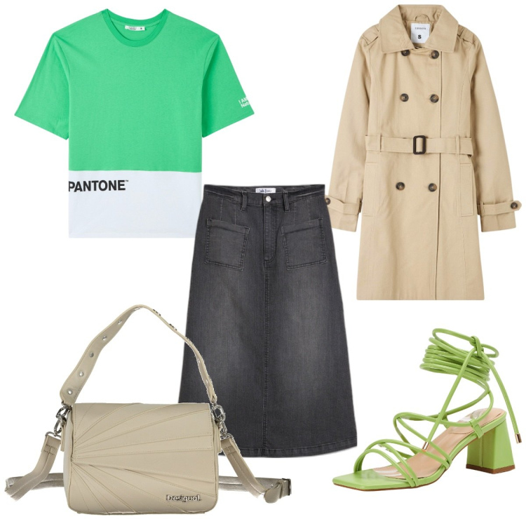 Outfit donna - Total look #1862741. Stile Trendy per Tutti i giorni. Abbinamento con gonne longuette, trench, sandali alla schiava, t-shirt, borse a spalla.