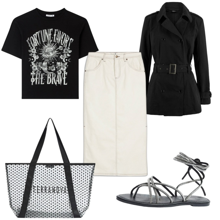 Outfit donna - Total look #1862742. Stile Trendy per Tutti i giorni. Abbinamento con trench, gonne longuette, sandali alla schiava, t-shirt, shopping bag.