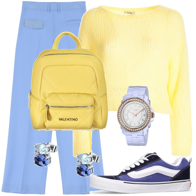 Outfit donna - Cielo soleado. Stile Basic per Tutti i giorni. Abbinamento con orecchini, orologi, maglieria, pantaloni, zaini, sneakers.