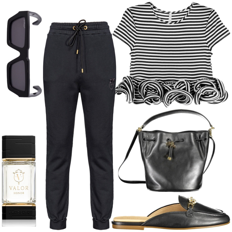 Outfit donna - Profumo aromatico/acquatico. Stile Casual per Tutti i giorni. Abbinamento con profumi, jeans, t-shirt, sabot, borse a secchiello, occhiali da sole.